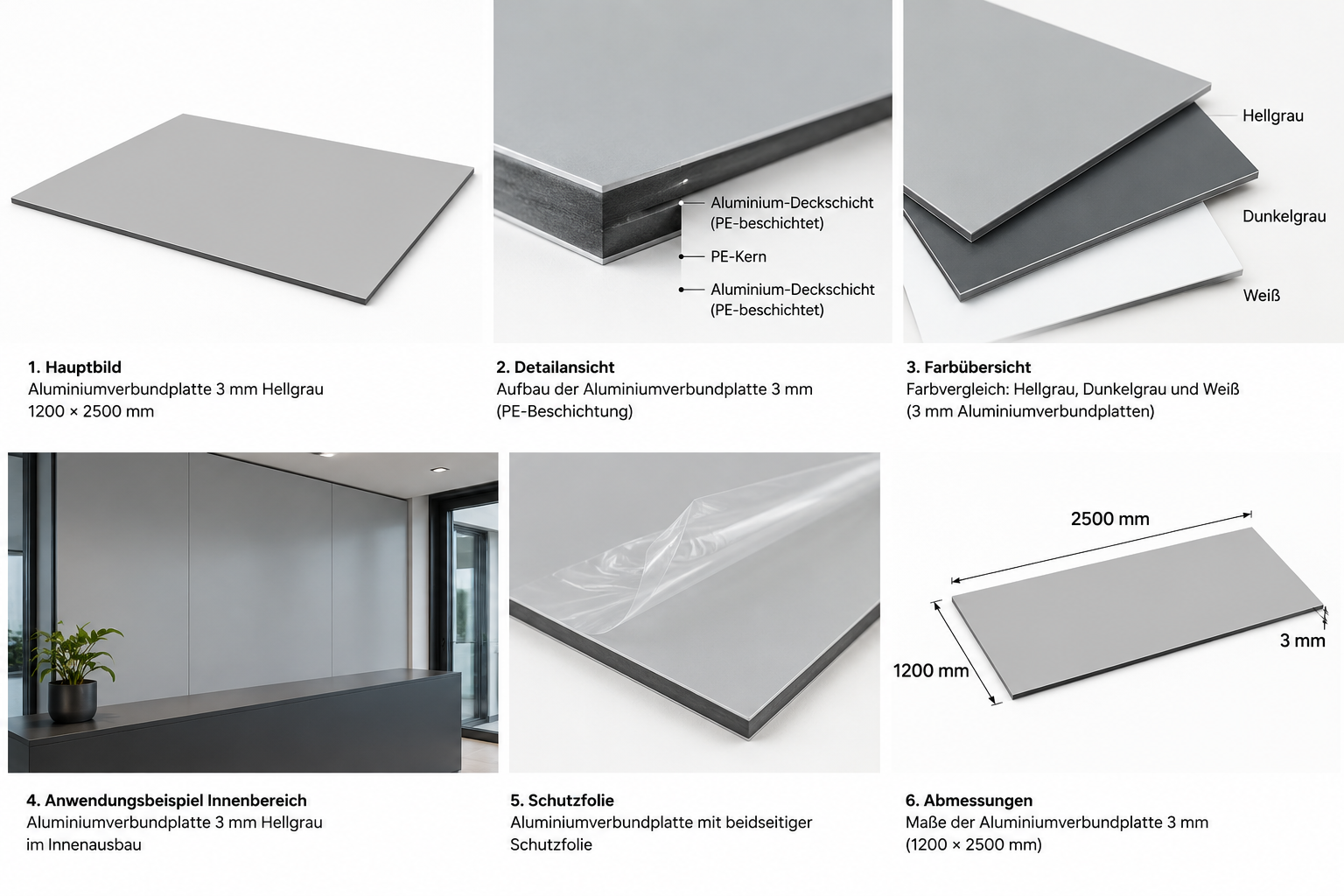 Aluminiumverbundplatte 3 mm Hellgrau mit Plattenaufbau, Farbübersicht, Schutzfolie und Abmessungen